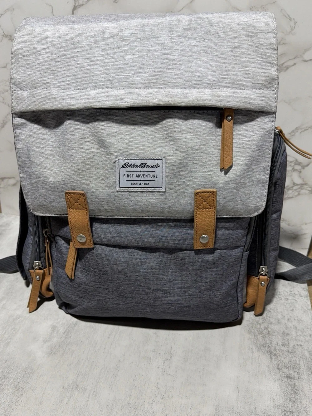 Eddie Bauer First Adventure Two-Tone Gray Diaper Backpack with Tan Accents